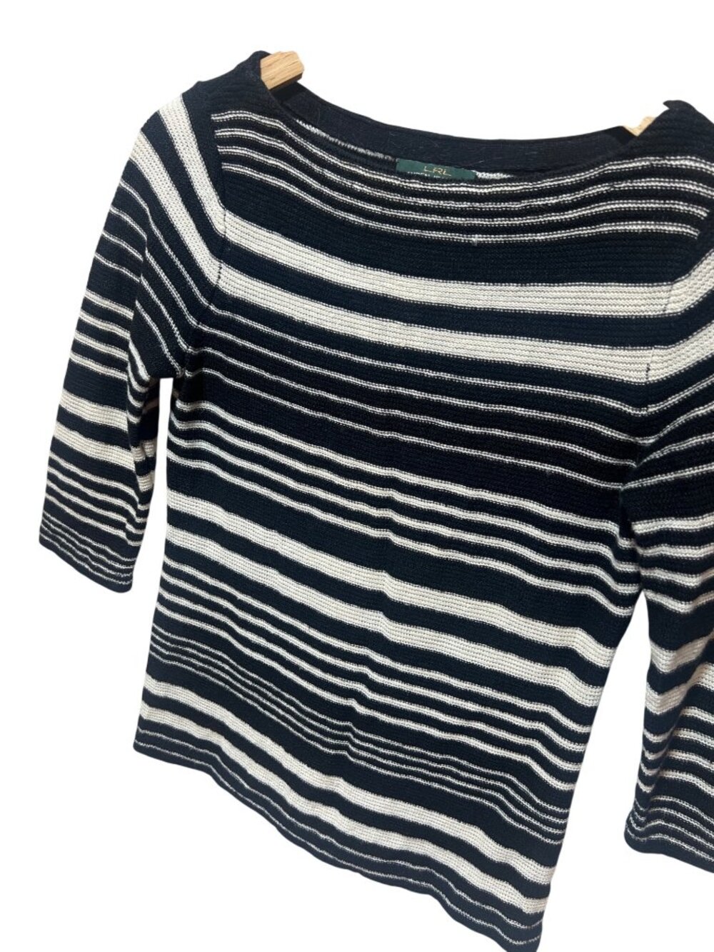 Lauren Jean Company Petite Striped Knit Black & White Linen Blend 3/4 Sleeve Swe